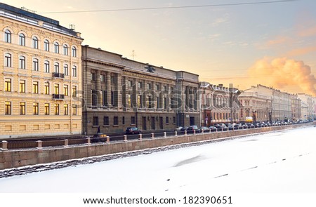 ST PETERSBURG, RUSSIA - JANUARY 23, 2014:Fontanka is left branch of Neva, St Petersburg, Russia. Its length is 6,700 m. Fontanka Embankment is lined with former private residences of Russian nobility.