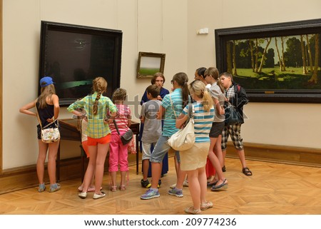 MOSCOW, RUSSIA - AUGUST 7,20014:State Tretyakov Gallery is art gallery in Moscow and is foremost depository of Russian fine art in world. Gallery\'s history starts in 1856. Hall of artist Kuindzhi A.