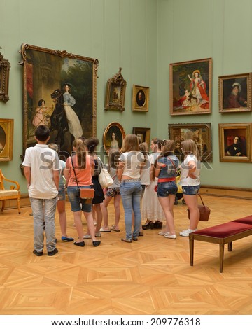 MOSCOW, RUSSIA - AUGUST 7,20014:State Tretyakov Gallery is art gallery in Moscow and is foremost depository of Russian fine art in world. Gallery's history starts in 1856. Hall of artist Bryullov Karl
