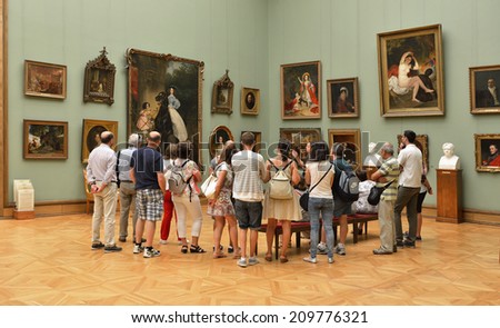 MOSCOW, RUSSIA - AUGUST 7,20014:State Tretyakov Gallery is art gallery in Moscow and is foremost depository of Russian fine art in world. Gallery's history starts in 1856. Hall of artist Bryullov Karl