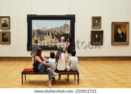 MOSCOW, RUSSIA - AUGUST 7, 2014:State Tretyakov Gallery is art gallery in Moscow and is foremost depository of Russian fine art in world. Gallery\'s history starts in 1856. Hall of artist I. Repin