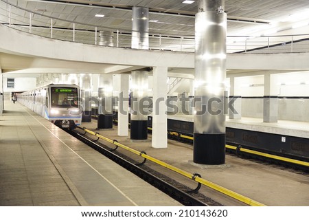MOSCOW, RUSSIA - AUGUST 7,20014:Myakinino is a Moscow Metro station in Krasnogorsk,Moscow Oblast.Myakinino opened on 26 December 2009, located near Moscow Oblast Administrative HQ and Crocus City Mall