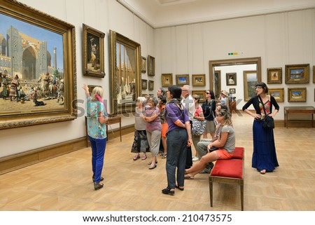 MOSCOW, RUSSIA - AUGUST 7, 2014:State Tretyakov Gallery is art gallery in Moscow and is foremost depository of Russian fine art in world. Gallery's history starts in 1856. Hall of artist Vereshchagin