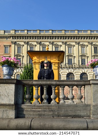 STOCKHOLM, SWEDEN - AUGUST 25, 2014: Royal Guard protecting Royal Palace in Stockholm. The Life Guards is a combined cavalry infantry regiment of the Swedish Army founded in 1521