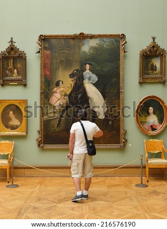MOSCOW, RUSSIA - AUGUST 7, 2014:State Tretyakov Gallery is art gallery in Moscow and is foremost depository of Russian fine art in world. Gallery\'s history starts in 1856. Hall of artist K.Bryullov