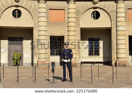 STOCKHOLM, SWEDEN AUG 25,2014:Royal Guards,Main Guard at Palace is carried out by units of Swedish Armed Forces.It is King of Sweden guard of honor and is responsible for protection of Royal Family