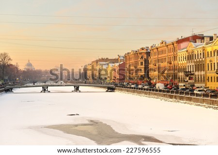ST PETERSBURG,RUSSIA - JANUARY 23,2014:Fontanka is left branch of river Neva. Its length is 6,700 m, width is up to 70 m, depth is up to 3,5 m.This river,one of 93 rivers and channels in St Petersburg