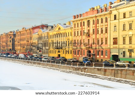 ST PETERSBURG,RUSSIA - JANUARY 23,2014:Fontanka is left branch of river Neva. Its length is 6,700 m, width is up to 70 m, depth is up to 3,5 m.This river,one of 93 rivers and channels in St Petersburg