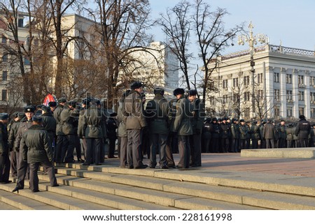 MOSCOW, RUSSIA - NOVEMBER 4,2014:Police is central law enforcement body in Russia, operating under Ministry of Internal Affairs. Law and order enforcement during mass meetings