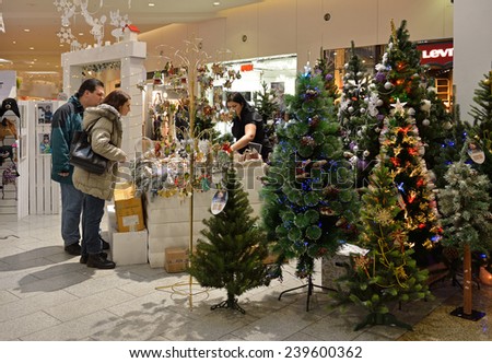 MOSCOW,RUSSIA - DEC 21,2014:Christmas Fair at Family Shopping Centre Mega Khimki.It offers largest variety of shops under one roof and reasonable prices, which creates great opportunities for shopping