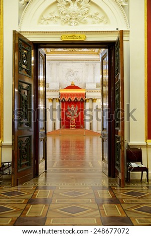 ST PETERSBURG,RUSSIA - JAN 25,2015:St George\'s Hall (referred to as Great Throne Room) is one of largest state rooms in Winter Palace.Hall was scene of many of most formal ceremonies of Imperial court