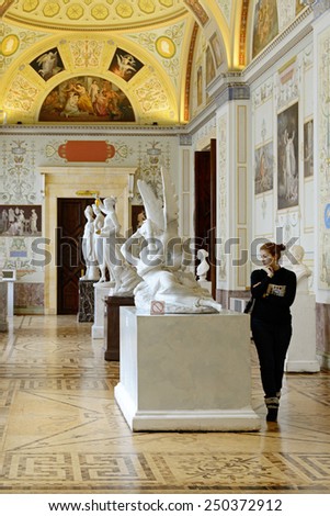 ST PETERSBURG, RUSSIA - JAN 24, 2015:Gallery of History of Ancient Painting is used to display works by outstanding Neo-Classical sculptor Antonio Canova (1757-1822) and his followers
