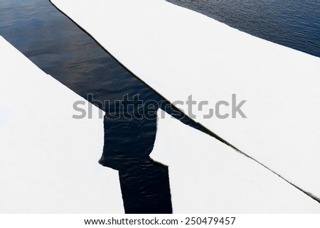 Ice floes sheets floating in river Neva, St. Petersburg, Russia