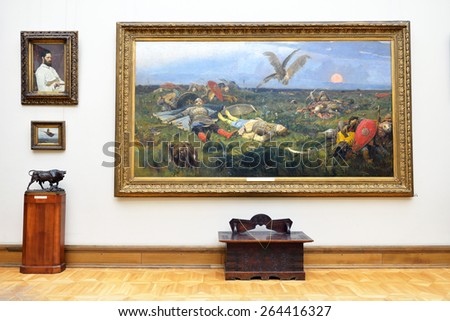 MOSCOW, RUSSIA - MARCH 13,2015:State Tretyakov Gallery is art gallery, foremost depository of Russian fine art in world. Gallery's history starts in 1856. Hall of Great Russian artist Viktor Vasnetsov