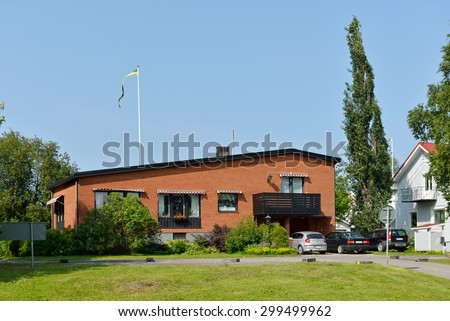 HAPARANDA,SWEDEN - JULY 11,2015:Haparanda is city in Norrbotten. It is twinned with Tornio (Finland) just across Torne river. Here are preserved old wooden houses, which are surrounded by lush gardens