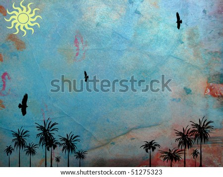 illustration of  blue sky with birds and palms