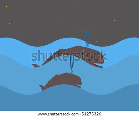 illustration two whales mother with baby  in stormy ocean