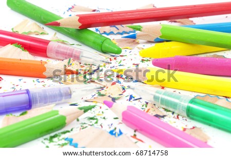 Drawing equipment for children in school.Colorful pencils,crayons and black lead pencils.