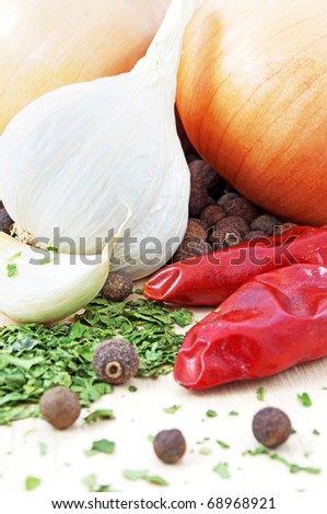 Top five vegetables and spices in Hungary.Onion,garlic, black pepper,dried parsley and red pepper.