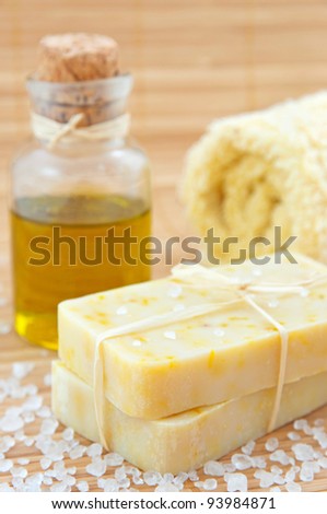 Hand-made marigaold (Calendula officinalis) soap with olive oil and bath-salt