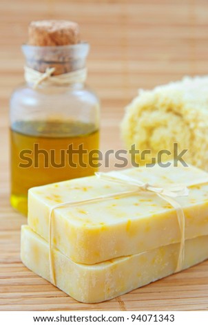 Hand-made marigaold (Calendula officinalis) soap with olive oil