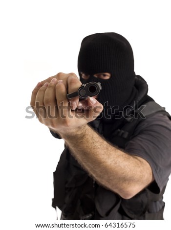 Undercover policeman wearing a hood balaclava, aiming at your face with a semi automatic gun