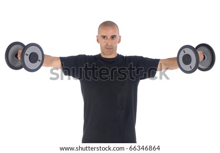 Personal fitness trainer (coach) exercising with dumbells over white background