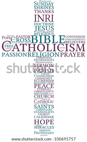 cross - shaped tag cloud , Catholicism symbol / Catholic cross word cloud illustration