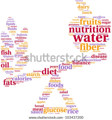 pictogram concept of balanced diet with two foods on a scale / food balance tagcloud illustration