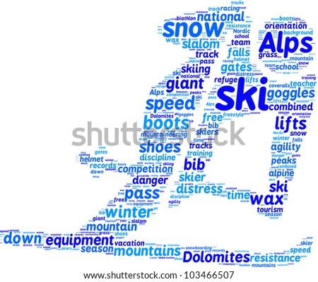 ski pictogram tag cloud /skier pictogram tag cloud blue words on white