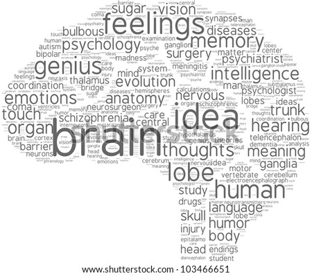 brain word cloud with grey words on a white background / brain tag cloud pictogram