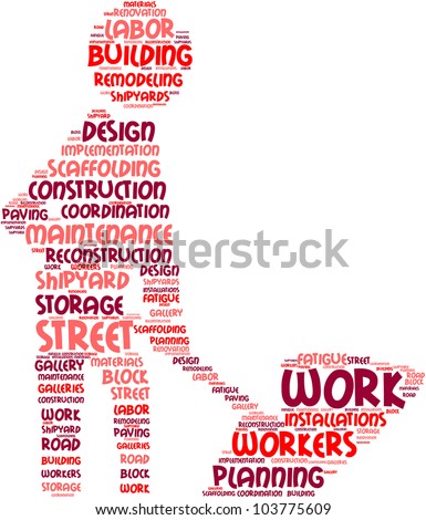 work in progress concept pictogram tag cloud with colored words on white background / work in progress symbol word cloud