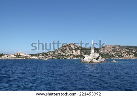 obelisk in the middle of Mediterranean sea, La Maddalena archipelago, Sardinia, Italy