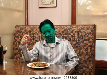 illustration of business man face turn green after eat poisonous food