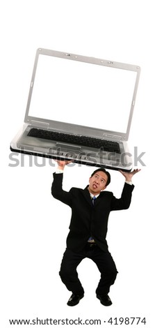 young business man struggling to hold falling laptop with blank screen for copy space