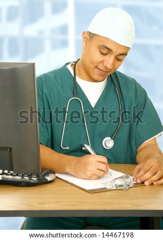 happy nurse or doctor in medical uniform writing report on clip board, showing happy expression