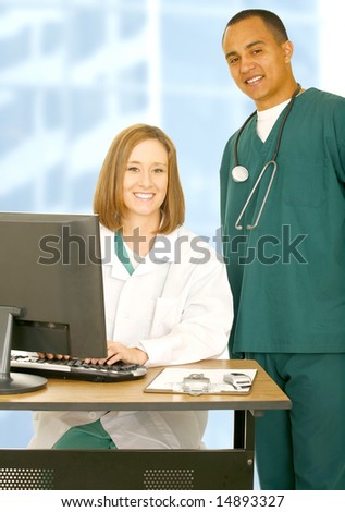 two medical staff posing as successful personnel standing with smile and confident