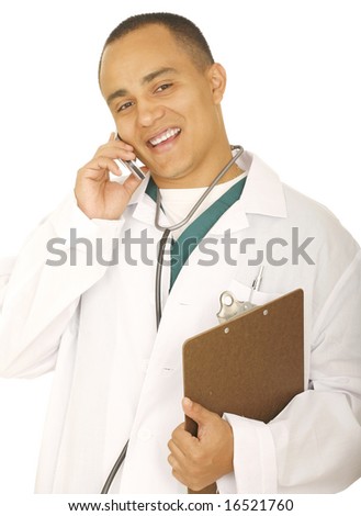isolated doctor or lab worker on the phone and looking at camera smiling