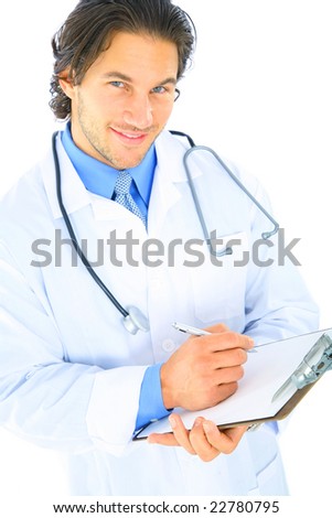 happy doctor writing report. isolated on white background