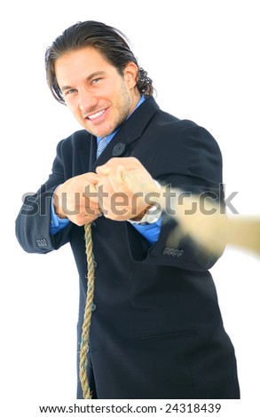 young male businessman struggle to pull a rope. concept for business competition