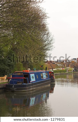 Blue narrow boat on canal side under tree with town in background