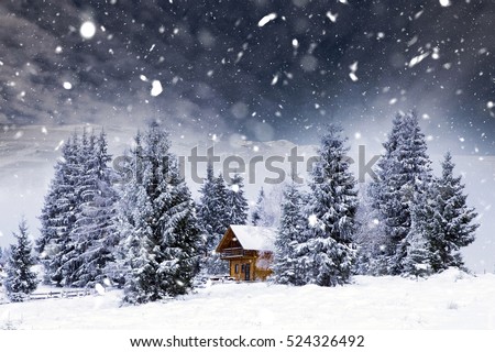 Fairy-tale cottage in woods at winter. Christmas concept.