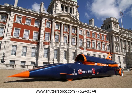 LONDON, UNITED KINGDOM - APRIL 12: The full scale model of the fastest rocket car in the world, a Bloodhound SSC was exhibited at Whitehall on April 12, 2011 in London, United Kingdom