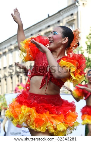LODZ, POLAND - JULY 28: A folklore dancing group from Columbia, performs during the International Folk Festivals in Lodz, on July 28, 2011 in Lodz, Poland.