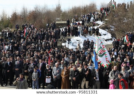 HARGITA, ROMANIA - MARCH 15: Crowd at commemoration of 163nd anniversary of the Hungarian Revolution on 15th of March, 2011 in Hargita, Romania