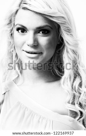 female fashion model,posing at white background,portrait,high key