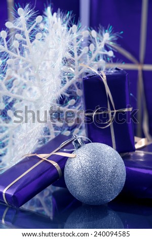 violet gift boxes white art snow flake blue color cast