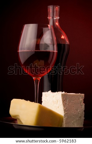 wine red glass bottle yellow and cheese