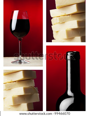 a wine glass with red wine and dark wine bottle  and yellow caw cheese