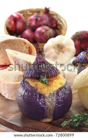 Onion stuffed with goat cheese and bacon